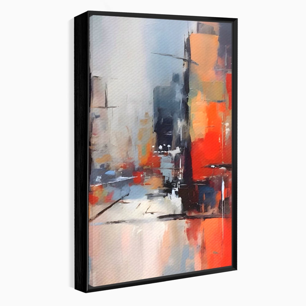 Tablou canvas cu pictura abstracta cu oras si cladiri, in rama de aluminiu negru